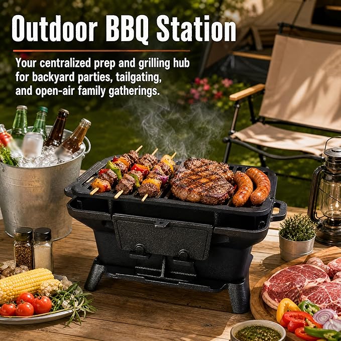 Cast Iron Hibachi Grill Outdoor, Japanese Yakitori Grill for Camping, Small Portable Charcoal Hibachi Grills, Cast Iron, with Double-Sided Grate, for Indoor Outdoor BBQ (1, No handle)