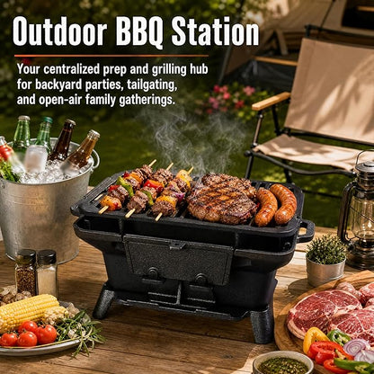 Cast Iron Hibachi Grill Outdoor, Japanese Yakitori Grill for Camping, Small Portable Charcoal Hibachi Grills, Cast Iron, with Double-Sided Grate, for Indoor Outdoor BBQ (1, No handle)