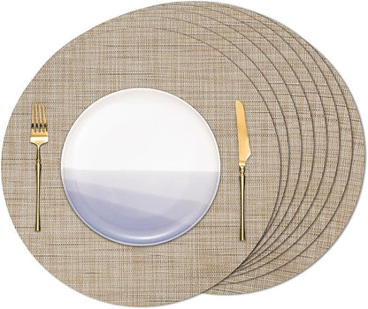 Round Placemats Set of 8 Heat Resistant Vinyl Placemats 15 inch Washable Non-Slip Table Mats Woven Place Mats for Dining Table (Beige, Set of 8)