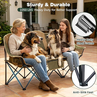 SUNNYFEEL 3 Person Camping Chair Oversized Loveseat for Adults | 1050LBS Heavy Duty Folding Couch with 2 Cup Holder Padded Headrest, Storage Pockets & Carry Bag for Camping/ Lawn/ Backyard