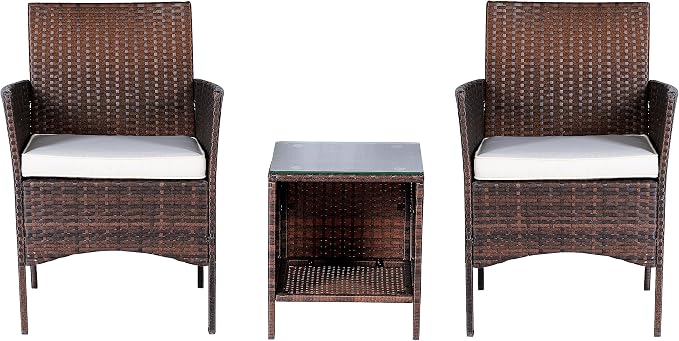 Outdoor Wicker Conversation 3 Piece Bistro Set Garden Patio Yard Porch Furniture Space Saving Pe Rattan Two Chairs Cushions Side Storage Glass Table Brown/Beige 3pc Set