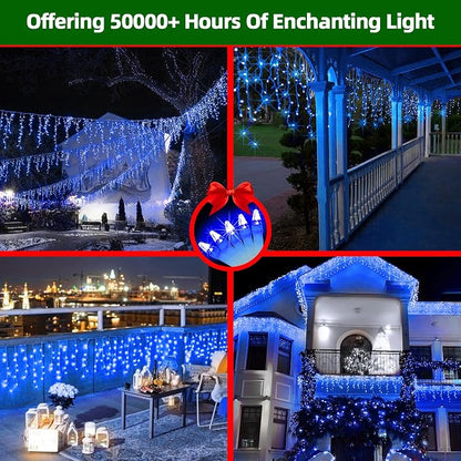 1296 LED 131FT Christmas Icicle Lights, 288 Drops, Twinkle Lights, 8 Modes | Blue icicle string lights with timer and weather-resistant construction for rooflines, wide eaves, storefronts and events.