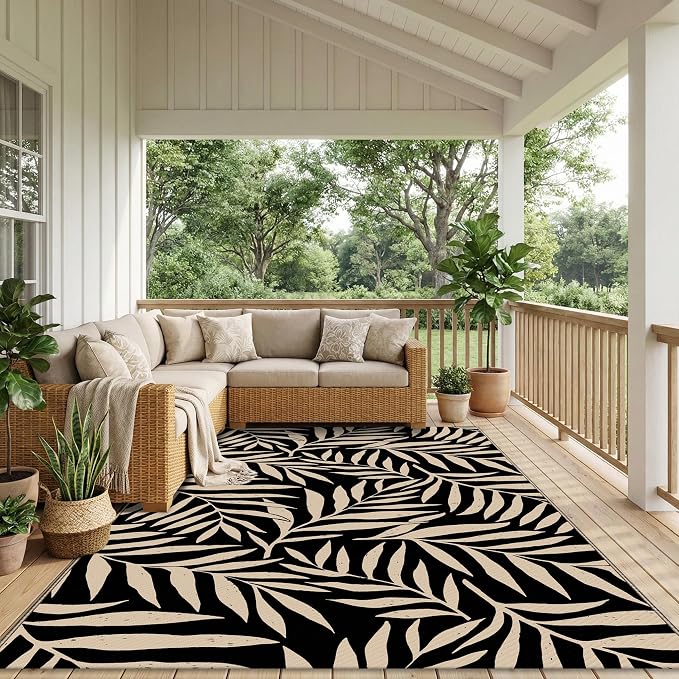 Smiry Outdoor Rug 5x8 ft Waterproof Reversible Leaf Mat, Black & Beige | Polypropylene Plastic Straw, Quick Drying, Lightweight Foldable, for Patio, Deck, RV Camping, Backyard and Indoor Outdoor Use