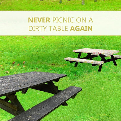LINPRO 6ft Picnic Table Cover with Bench Covers Vinyl Fitted Picnic Table Covers with Elastic Camping Essentials and Picnic Tablecloth and RV Accessories
