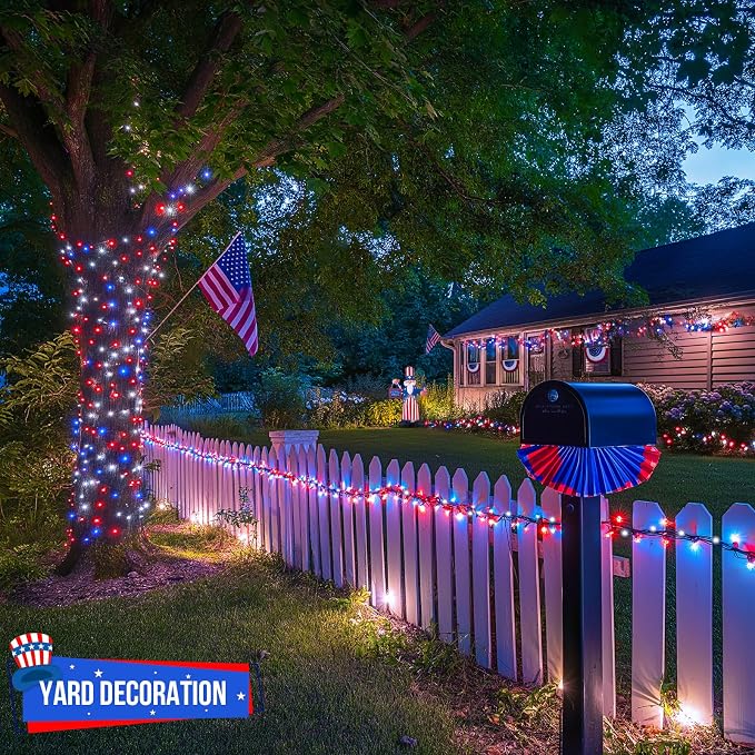 JMEXSUSS 500 LED Red White and Blue Lights 4th of July Decorations Plug in | 173ft 8 Modes 4th of July Lights Outdoor, Waterproof Patriotic String Lights for Memorial Day Independence Day Decor
