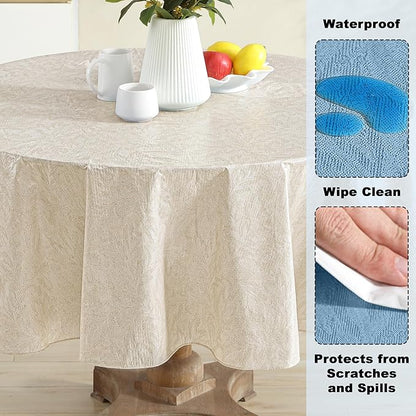 Newbridge Napa Leaf Taupe Vinyl Flannel Backed Tablecloth, 70 Inch Round, Hotel Quality Waterproof Indoor Outdoor Table Cover for Kitchen, Patio, Dining, BBQ