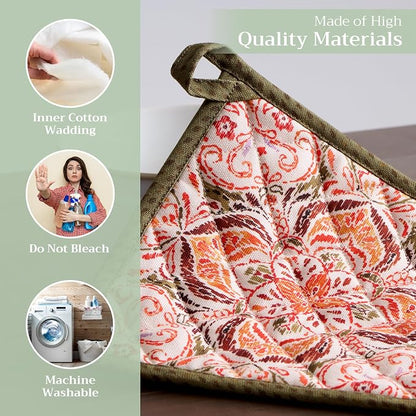 Maison d' Hermine Pot Holders 100% Cotton Potholders (8" x 8", Pack of 1) | Heat Resistant Hot Pads with Loop BBQ Cooking Baking Hotel Kitchen Handling Hot Pans Thanksgiving Christmas - Damask