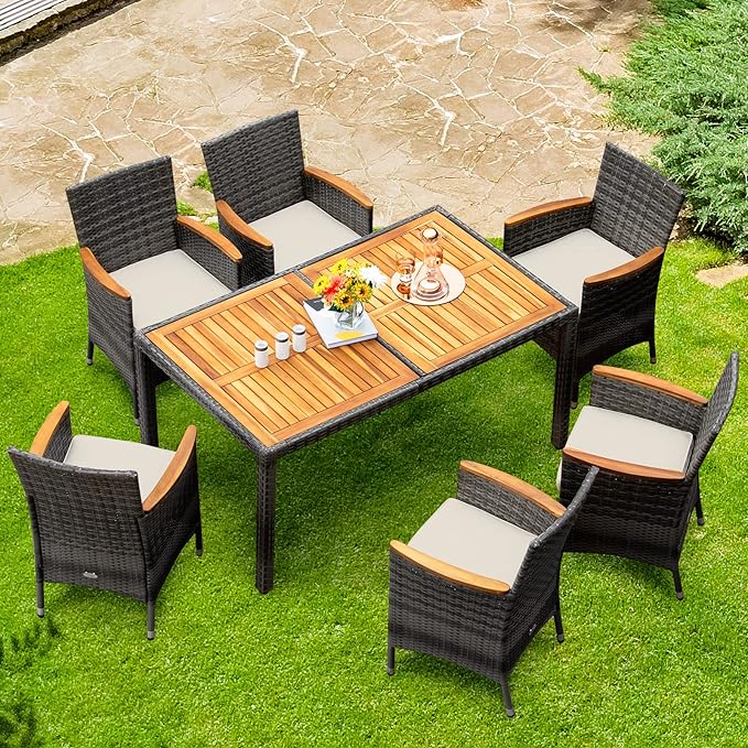 COSTWAY 7-Piece Patio Dining Set for 6, Outdoor Rattan Wicker Table and Chairs Furniture Set with Umbrella Hole, Acacia Wood Tabletop for Backyard, Balcony, Poolside, Grey & Beige