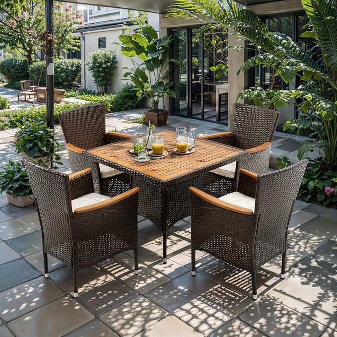 RoyalCraft 5 Piece Patio Wicker Dining Sets for 4, Water-Resistant Rattan Outdoor Dining Table and 4 Chairs with Wood Table Top, Conversation Set for Deck, Garden, Backyard, Removable Cushions, Brown
