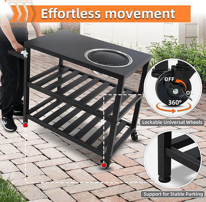 Outdoor Grill Cart with Grill Kit, Movable BBQ Prep Tables Station with Wheels, Dining Cart Table with 2-Tier Storage Cart, 33.3" Lx19.9W x33.2H Grill Table, Black