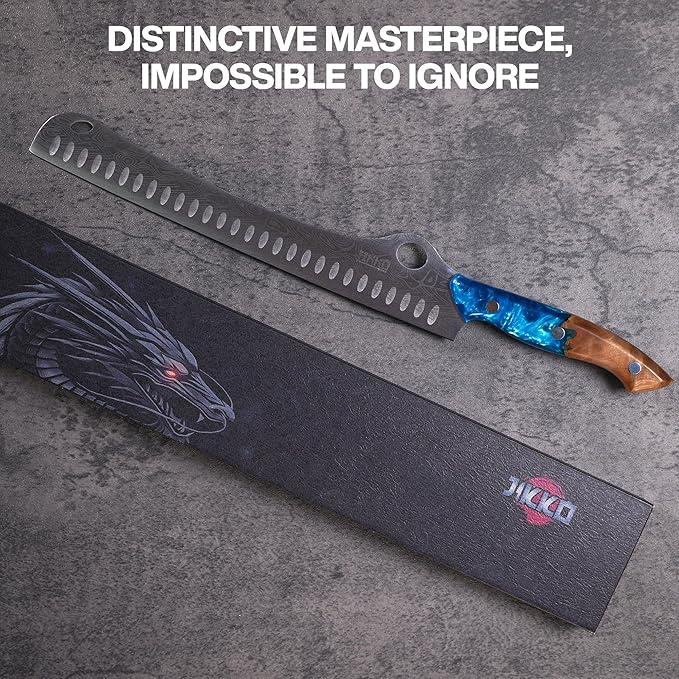 Jikko® SteelFang Edition – Japanese Brisket Knife 12" with Olive Wood & Blue Epoxy Handle | Premium Butcher & Carving Knife for Meat, BBQ, and Brisket Slicing – Ultra Sharp Stainless Steel Blade