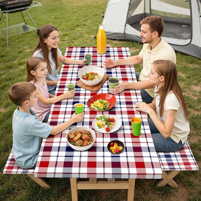 8 Foot Fitted Picnic Table Cover with Bench Covers Elastic Waterproof Oil-Proof VintageTablecloths for Rectangle Tables Dining Outdoor Patio Camping Essentials Blue Red Buffalo Plaid