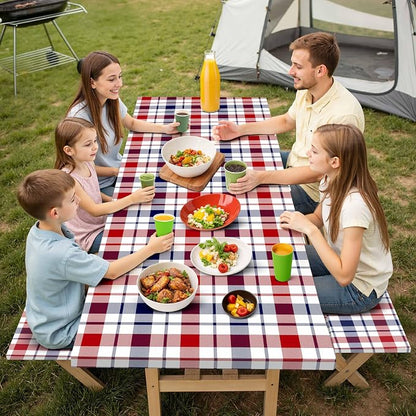8 Foot Fitted Picnic Table Cover with Bench Covers Elastic Waterproof Oil-Proof VintageTablecloths for Rectangle Tables Dining Outdoor Patio Camping Essentials Blue Red Buffalo Plaid