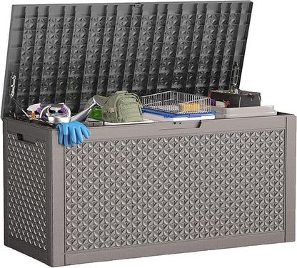 ROJIK Outdoor Storage Housing Deck Box - Waterproof Patio Furniture, Garden Tools, Cushions, Pool Accessories Storage Bench with Lockable Lid and Side Handles (Grey,125 Gal)