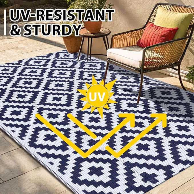 Smiry Outdoor Rug 5x8 ft Waterproof Reversible Boho Mat, White & Navy | Polypropylene Plastic Straw, Quick Drying, Lightweight Foldable, for Patio, Deck, RV Camping, Backyard and Indoor Outdoor Use
