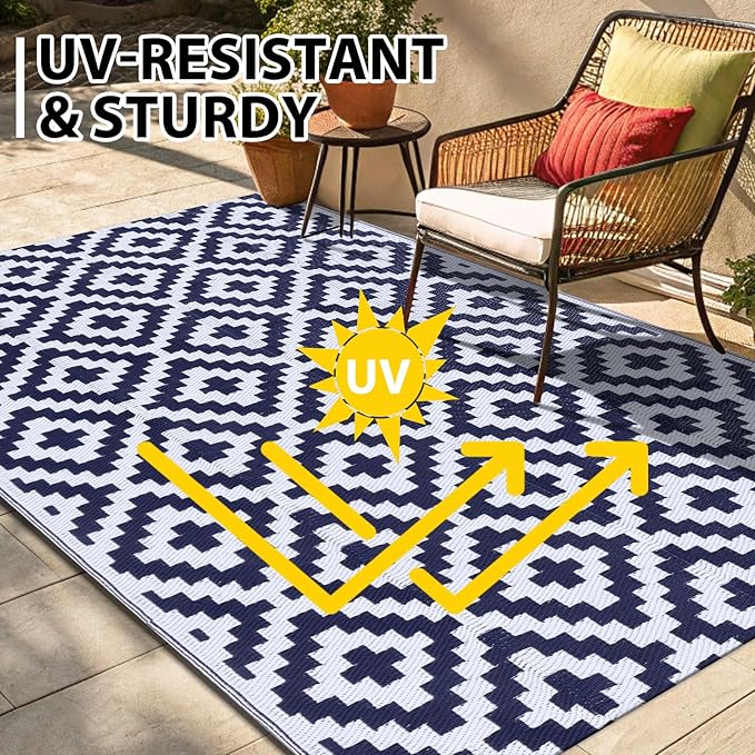 Smiry Outdoor Rug 9x18 ft Waterproof Reversible Boho Mat, White & Navy | Polypropylene Plastic Straw, Quick Drying, Lightweight Foldable, for Patio, Deck, RV Camping, Backyard and Indoor Outdoor Use