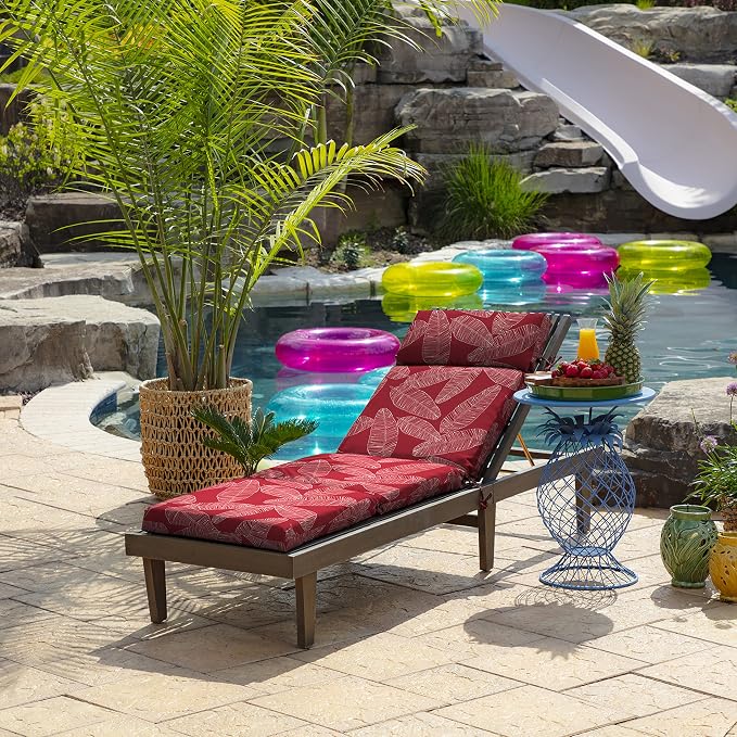 Arden Outdoor Chaise Cushion, 21 in x 72 in, Weather-Proof, Rain-Proof, Fade Resistant Patio Cushion for Chaise Lounger Red Leaf Palm