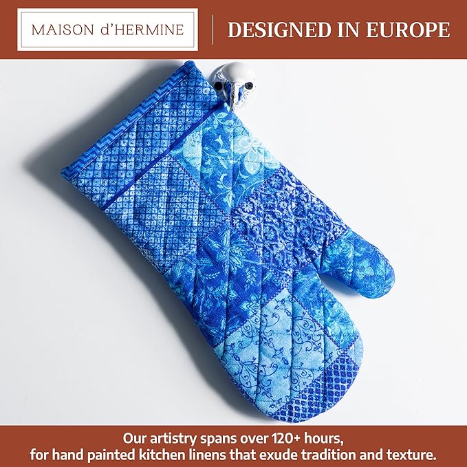 Maison d'Hermine Oven Gloves 100% Cotton Oven Mitt 7" x 13" with Loop Heat Resistant BBQ Cooking Gloves Baking Grilling Kitchen Hotel Home Farmhouse Spring Summer (Pack of 1, Indigo Love)