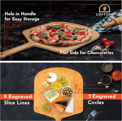 Wooden Pizza Peel 14 Inch Board with Engraved Sizes - Multi-Purpose Bamboo Pizza Cutting Board, Wood Pizza Peel, Pizza Spatula Paddle, and Serving Board with Size and Cutting Guide
