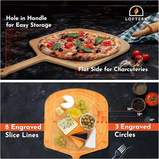 Wooden Pizza Peel 14 Inch Board with Engraved Sizes - Multi-Purpose Bamboo Pizza Cutting Board, Wood Pizza Peel, Pizza Spatula Paddle, and Serving Board with Size and Cutting Guide