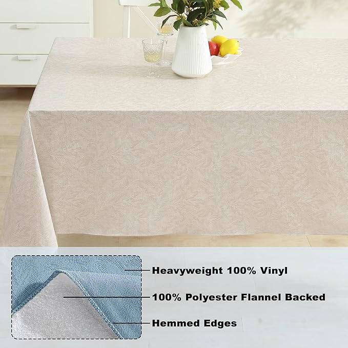 Newbridge Napa Leaf Taupe Vinyl Flannel Backed Tablecloth, 60 x 102 Inch Rectangle, Hotel Quality Waterproof Indoor Outdoor Table Cover for Kitchen, Patio, Dining, BBQ