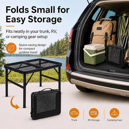 Folding Grill Table Camping Table with Mesh Desktop, Lightweight & Portable Outdoor Picnic Table, Height Adjustable Portable for Outside Inside Use