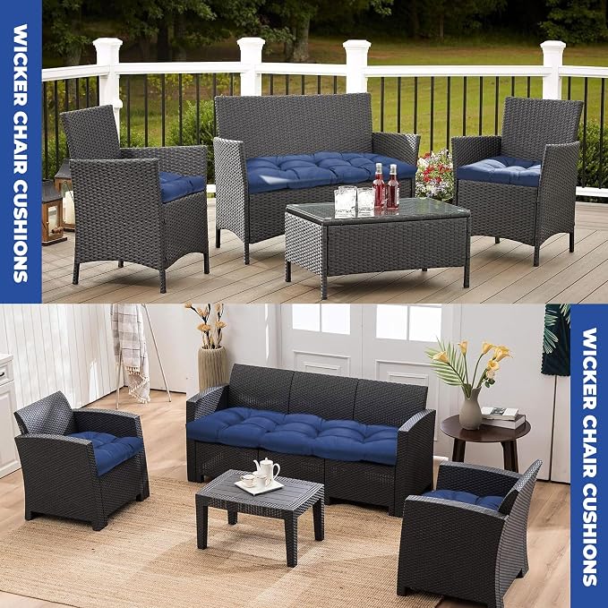DANGHOOGY Wicker Chair Cushions, Waterproof Outdoor Loveseat Cushions for Patio Furniture, 3 Pieces Wicker Furniture Cushions, 1 Loveseat and 2 U-Shaped Cushions, Blue