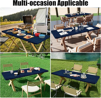 Smiry 2 Pack Rectangle Table Cloth 6 Foot, Waterproof Elastic Fitted Tablecloths, Windproof Washable Polyester Table Cover for Picnic, Camping, Outdoor (Navy & Black, 30"x72")