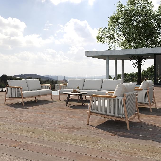 Acanva Modern All-Weather Aluminum Outdoor Patio Sofa with Thick Cushions, Olefin Fabric Sunroom Backyard Furniture, Loveseat Light Khaki