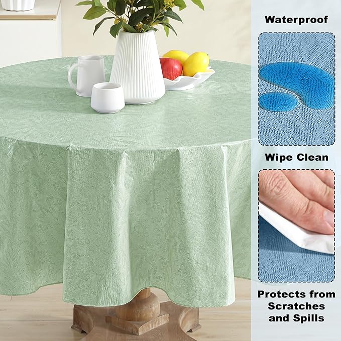 Newbridge Napa Leaf Sage Green Vinyl Flannel Backed Tablecloth, 70 Inch Round, Hotel Quality Waterproof Indoor Outdoor Table Cover for Kitchen, Patio, Dining, BBQ