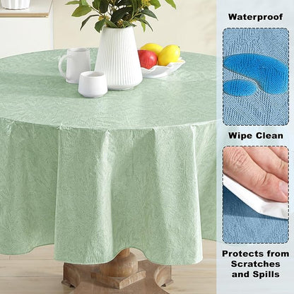 Newbridge Napa Leaf Sage Green Vinyl Flannel Backed Tablecloth, 70 Inch Round, Hotel Quality Waterproof Indoor Outdoor Table Cover for Kitchen, Patio, Dining, BBQ