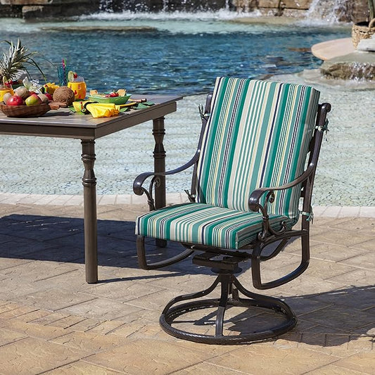 Arden Outdoor Patio Dining Chair Cushion, 20x44, Rain-Proof Seat Pad, Fade-Resistant Outdoor Cushion Teal Cobalt Stripe