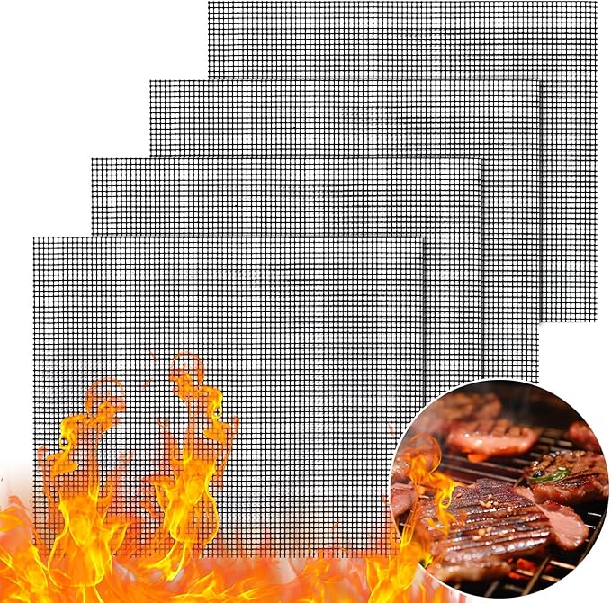 GWHOLE Non-Stick BBQ Grill Mesh Mat Set of 4, Reusable BBQ Grill Accessories Grilling Mesh Sheet for Outdoor Grill Cooking Baking Barbecue, 15.7" x13"