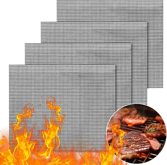 GWHOLE Non-Stick BBQ Grill Mesh Mat Set of 4, Reusable BBQ Grill Accessories Grilling Mesh Sheet for Outdoor Grill Cooking Baking Barbecue, 15.7" x13"