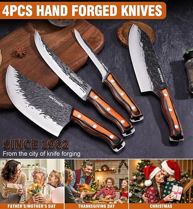 Naitesen 4PCS Hand Forged Butcher Knife and Kitchen Knife 2 in 1 Set, Heavy Duty Meat Cleaver Serbian Chef Knife Breaking Knife Boning Knife for Meat Cutting BBQ Gifts for Men Women