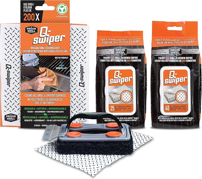 Proud Grill Q-Swiper BBQ Grill Cleaner Gift Bundle - 1 pc Bristle-Free Brush, 65 Moist Cleaning Wipes, 2 pcs Reusable Cloths - Safe Cleaner for Outdoor, Flat Top, Smoker, Griddle & Grates, BBQ Tools