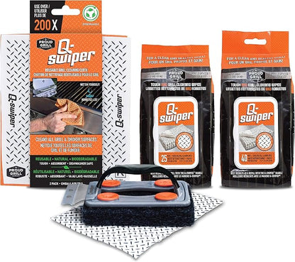 Proud Grill Q-Swiper BBQ Grill Cleaner Gift Bundle - 1 pc Bristle-Free Brush, 65 Moist Cleaning Wipes, 2 pcs Reusable Cloths - Safe Cleaner for Outdoor, Flat Top, Smoker, Griddle & Grates, BBQ Tools