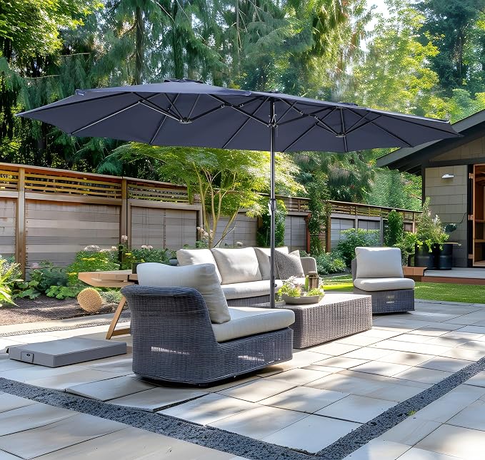 15ft Patio Umbrella with Base, 10-Year-No-Fade Large Outdoor Double-Sided Market Umbrella with UPF50+Terylene Polyester Fabric and Crank for Poolside Garden Deck Backyard Beach Pools