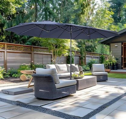 15ft Patio Umbrella with Base, 10-Year-No-Fade Large Outdoor Double-Sided Market Umbrella with UPF50+Terylene Polyester Fabric and Crank for Poolside Garden Deck Backyard Beach Pools
