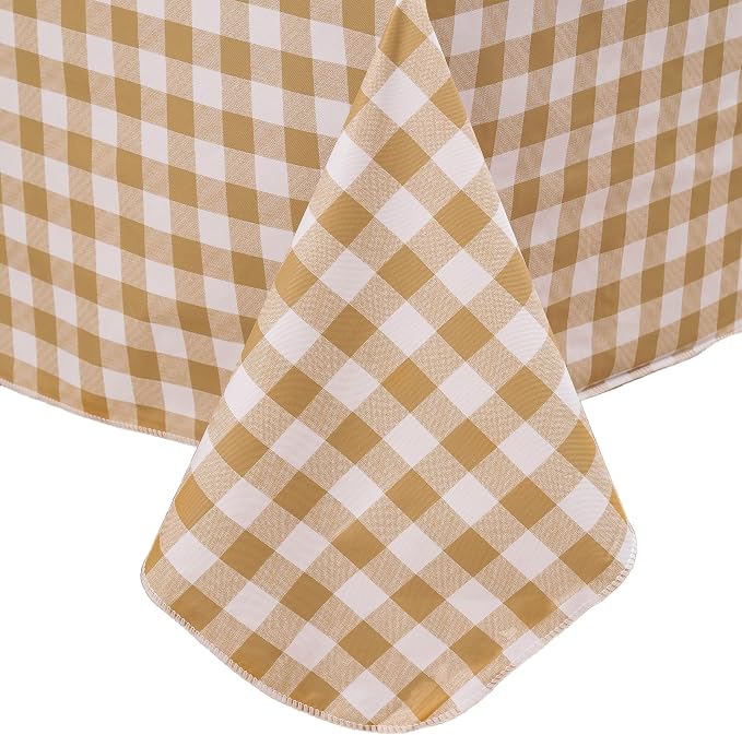 Heavy Duty Vinyl Tablecloth with Flannel Backing Waterproof Oil-Proof Plastic Table Cloth Stain-Resistant Wipeable Rectangle or Square Table Cover for Indoor and Outdoor (Khaki Checkered, 52x70 Inch)