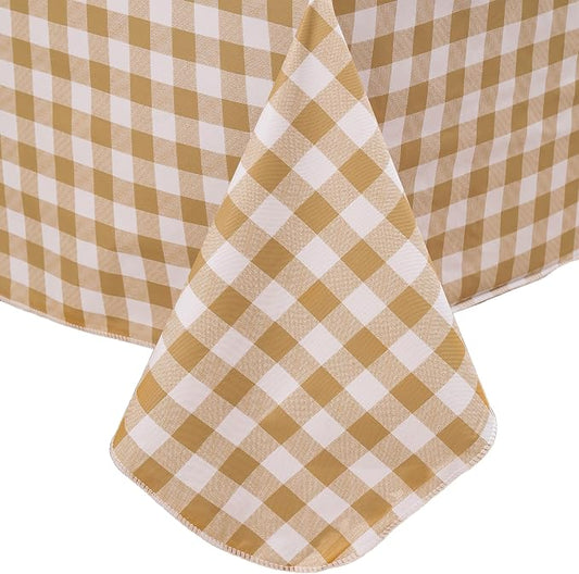 Heavy Duty Vinyl Tablecloth with Flannel Backing Waterproof Oil-Proof Plastic Table Cloth Stain-Resistant Wipeable Rectangle or Square Table Cover for Indoor and Outdoor (Khaki Checkered, 54x54 Inch)