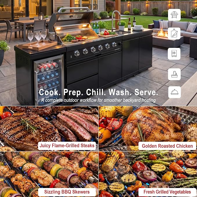 Outdoor Kitchen Island Barbecue Grill with Refrigerator & Rotisserie, Heavy-Duty Stainless Steel Freestanding Grills Station, Weather-Resistant Cooking Cabinet for Backyard & Summer Propane Gas
