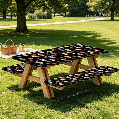 Picnic Table Cover with Bench Covers and Bag, Camping Rv Essentials, Waterproof Windproof Fabric, Fitted Tablecloth Cover with Elastic Edge, 3 PCS, 30x96 Inch, Black
