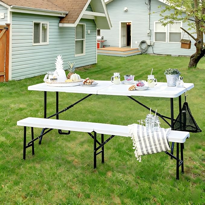 VECELO 6 ft Picini Table with Thickened Top | Removable Mesh Bag | Strong Side Support, 500lbs Weight Capacity Folding Table, Indoor & Outdoor, with Carrying Handle,White