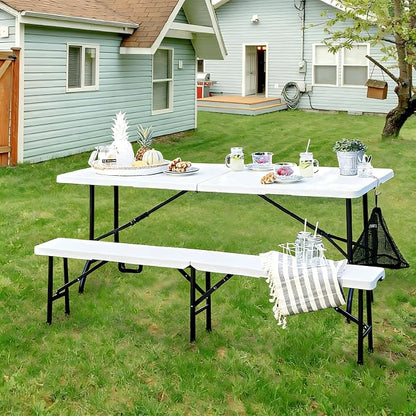 VECELO 6 ft Picini Table with Thickened Top | Removable Mesh Bag | Strong Side Support, 500lbs Weight Capacity Folding Table, Indoor & Outdoor, with Carrying Handle,White