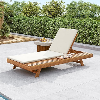 Christopher Knight Home Kayes Acacia Wood Chaise Lounge with 2'' Cushion, Outdoor 79'' Patio Recliner Chair with 4-Position Adjustable Backrest, Sun Lounger for Poolside Backyard, Teak+Cream