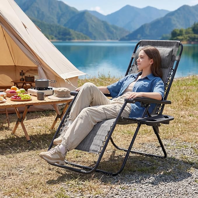 Oversized Zero Gravity Chair, Portable Outdoor Patio Lounge Recliner, Black | Foldable Patio Chairs with Reclining Design & Breathable Mesh, Cup Holder, Lawn Beach Camping