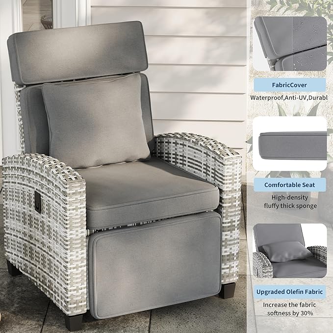 Garvee Outdoor Recliner Chair, Reclining Patio Chairs with 145° Adjustable Backrest & Footrest, Wicker Recliner Chairs with Flip Table and Removable Olefin Cushion for Poolside, Deck, Balcony, Gray