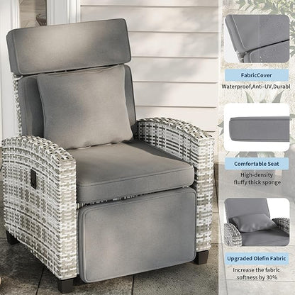 Garvee Outdoor Recliner Chair, Reclining Patio Chairs with 145° Adjustable Backrest & Footrest, Wicker Recliner Chairs with Flip Table and Removable Olefin Cushion for Poolside, Deck, Balcony, Gray