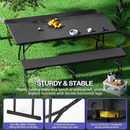 VSOAEIL 6 Foot Folding Bench, 6 FT Foldable Plastic Bench Indoor & Outdoor | 6 Feet Portable Bench Seating with Handle and HDPE Tabletop - Party, Dining, Picnic, Camping, Sports, Temporary Events Rattan